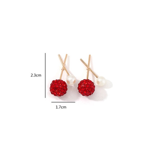 LRC Anting Tusuk Fashion Red Ball And Diamond Cross Earrings With Pearl Alloy K01100