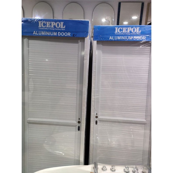 Pintu Kamar Mandi Alumunium Icepol Putih lengkap/1set berikut handle, engsel & kusen. buka kanan/kir