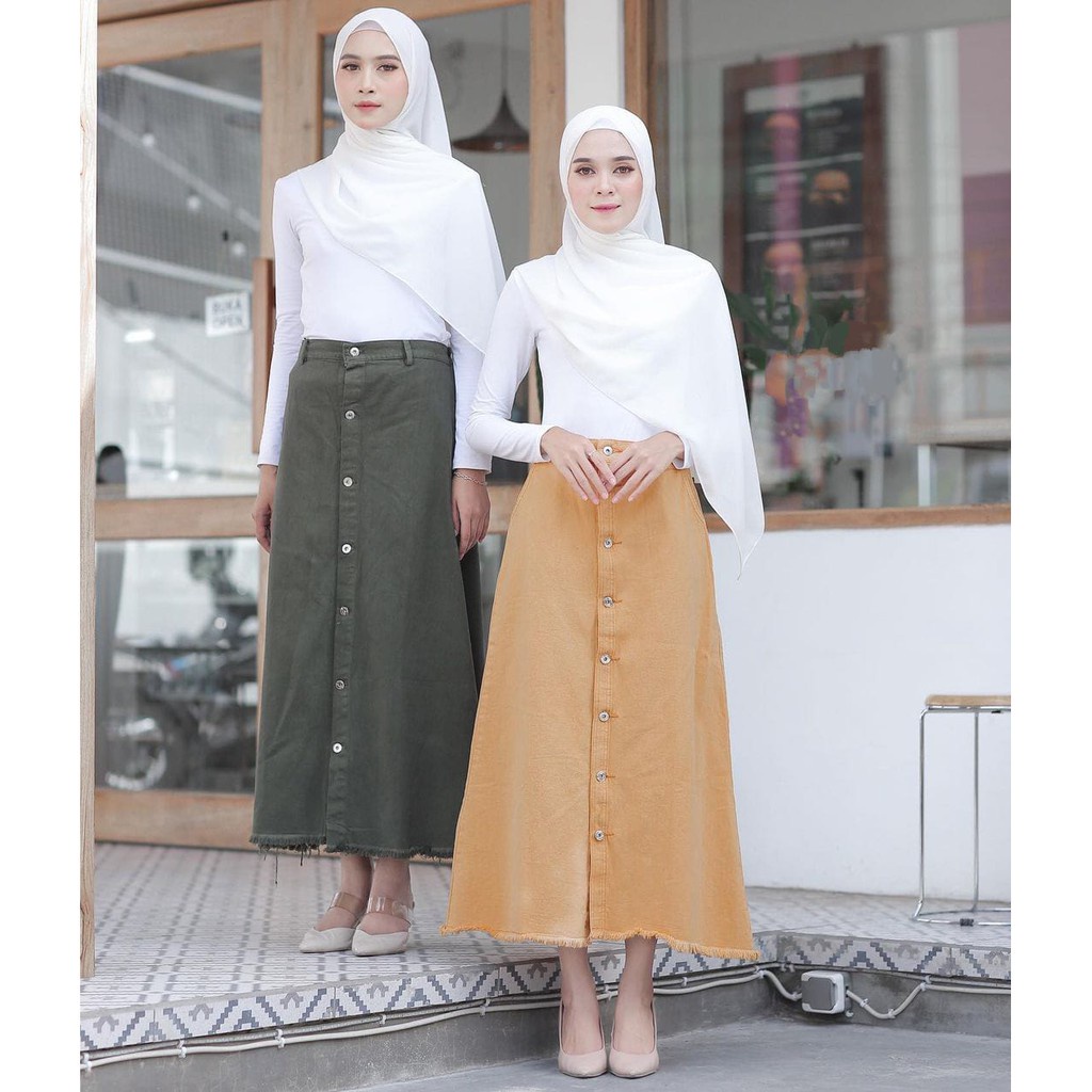 Orimoza Xandra Rok Jeans Panjang Kancing Depan Button Denim Skirt Snow-ROK DENIM ARMY