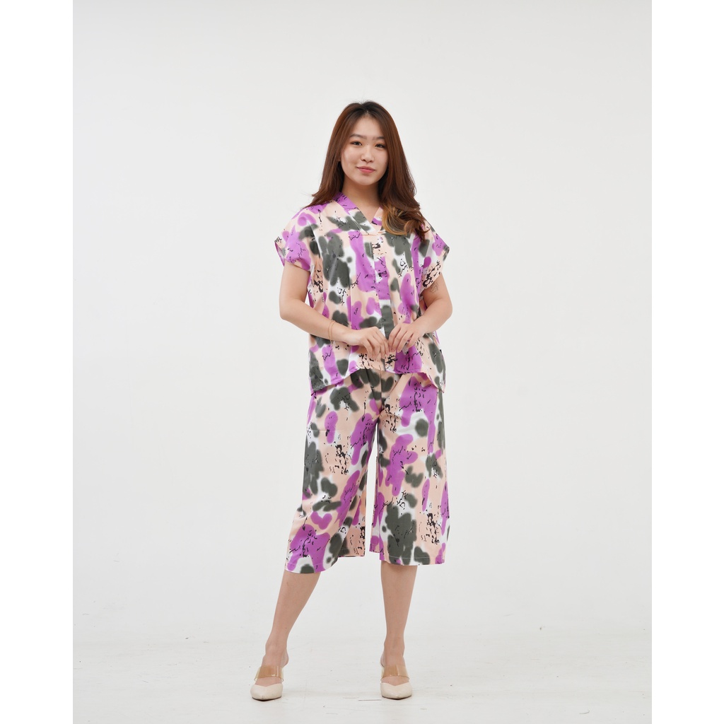 IZANY Piyama Dewasa Kimono Kulot / SET Kimono Kulot V Banyak Motif-TIEDYE AMRCN PURPLE