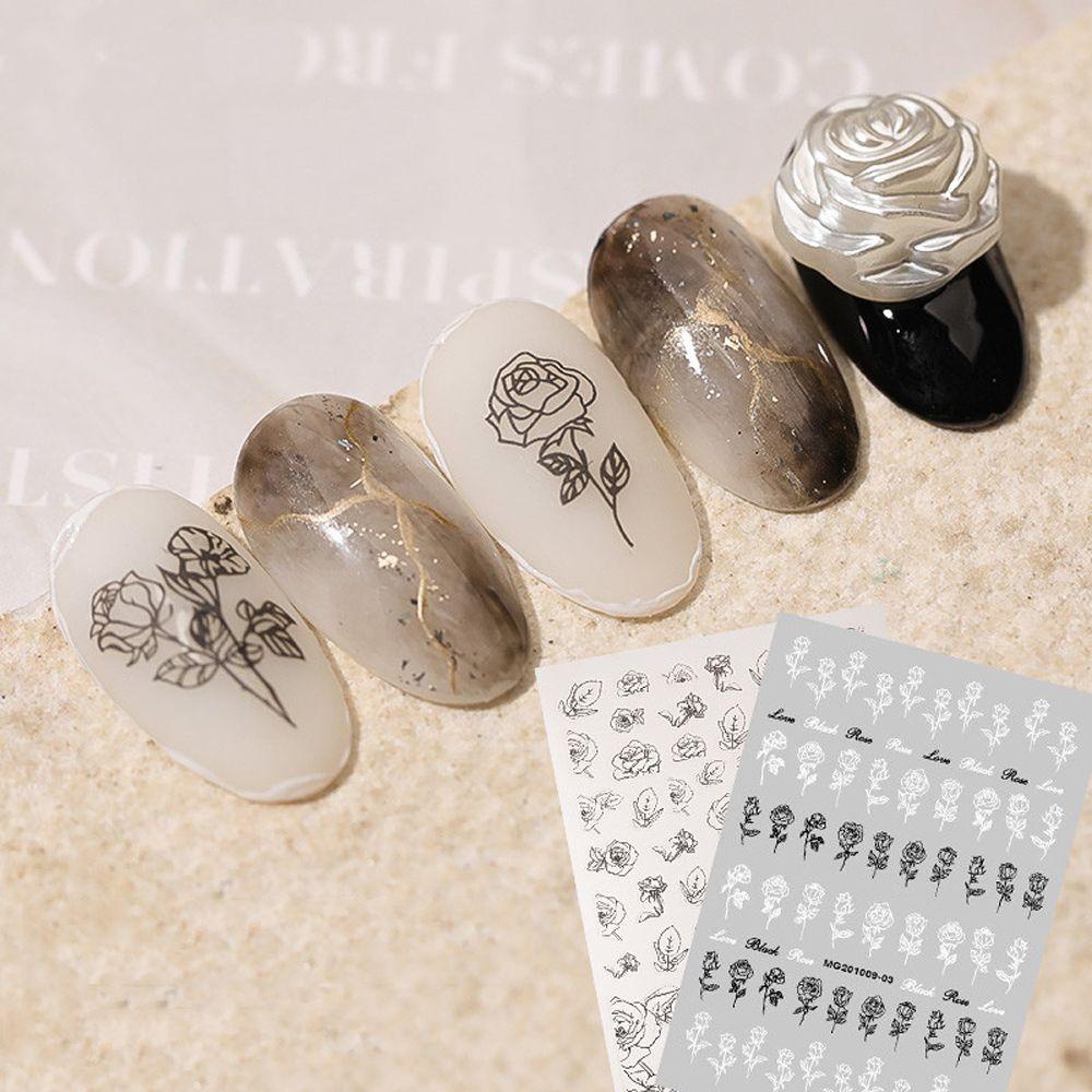 AUGUSTINA Agustina Stiker Kuku Mawar Korea Retro Daun Bunga Hitam Putih Perekat Diri DIY Nail Decals