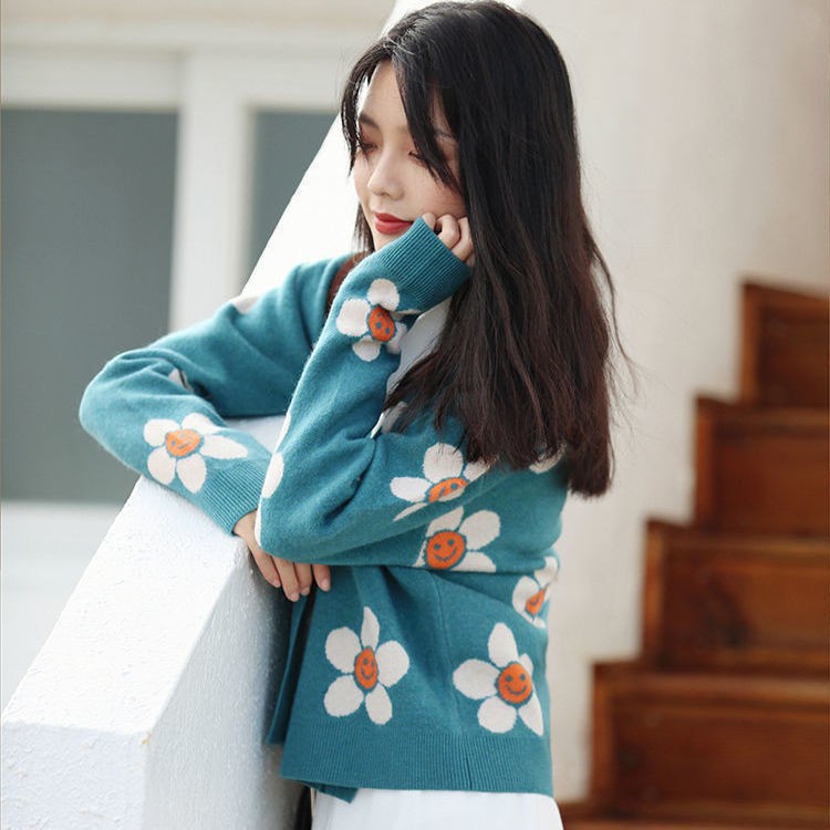 yikoo-Cardigan lengan panjang motif bunga wanita korea kardigan rajut