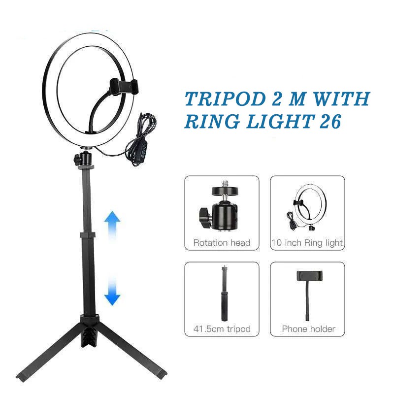 PAKET RING LIGHT LED 26 CM + TRIPOD 2M / Lampu Rias Selfie 3 Mode MultiColor