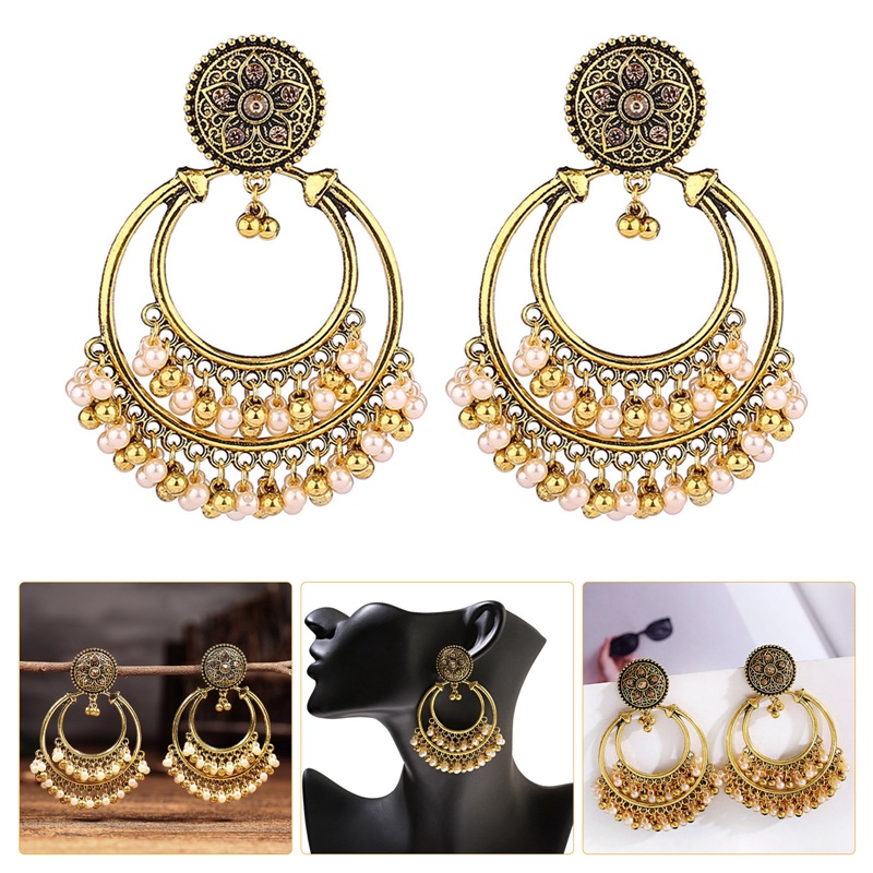 Anting Rumbai Manik-Manik Mutiara Bentuk Bulat Warna Silver Gaya Retro Indian Jhumka Untuk Wanita