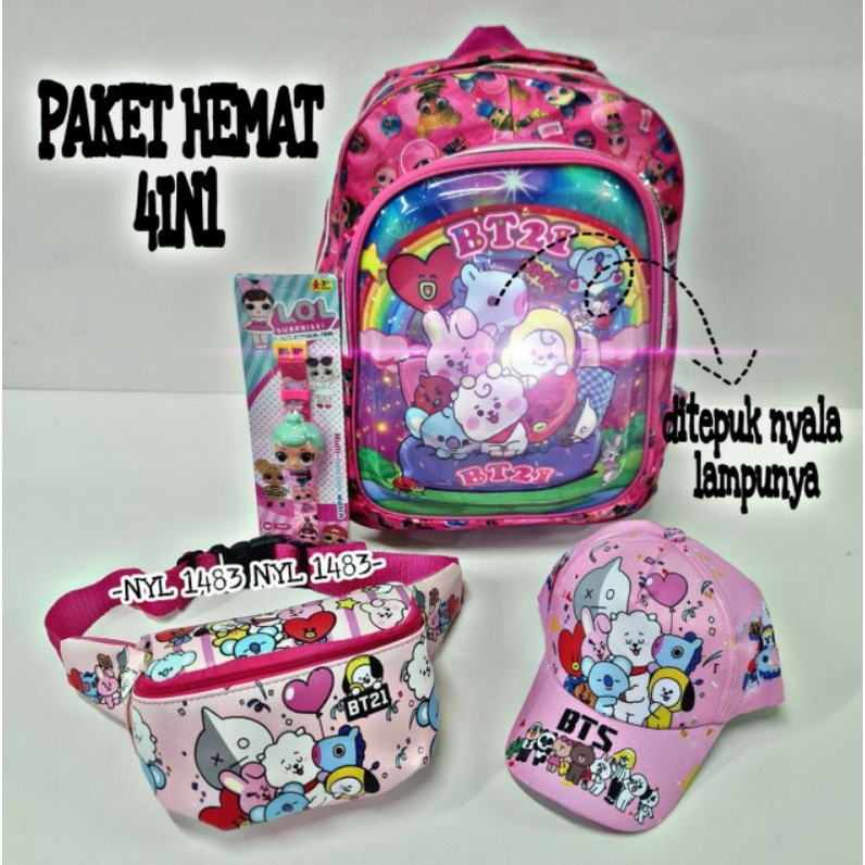 (BISA COD ) Tas Ransel Anak Sekolah SD FREE FIRE LED 4in1- Free Topi Jam Tangan- TasWaistbag/Tas Ransel anak Laki-laki/tas anak  perempuan