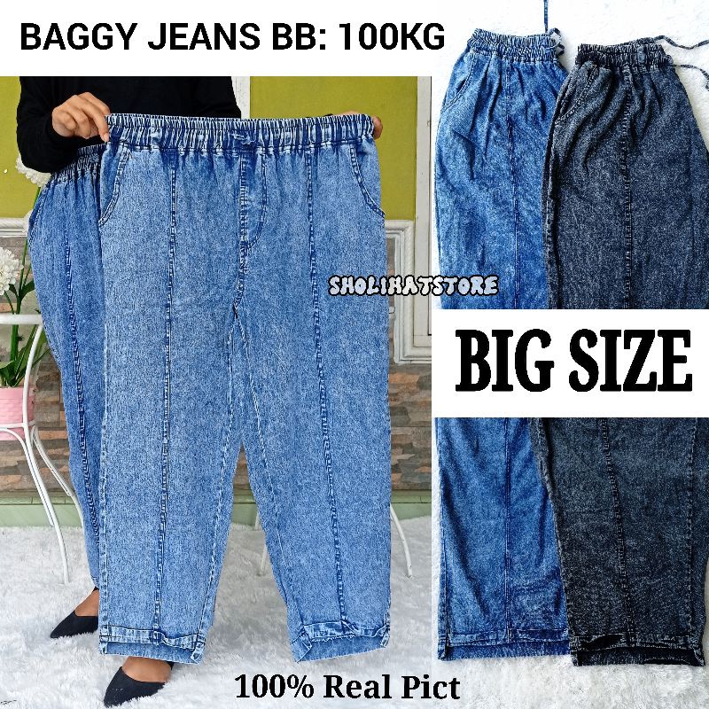 BIG SIZE BAGGY JEANS SANDWASH WANITA BB 100KG / CELANA BAGGY JEANS WANITA BIH SIZE / BAGGY JEANS WANITA SUPER JUMBO / CELANA JEANS WANITA PINGGANG KARET UKURAN JUMBO / BAGGY JEANS  JUMBO HIGH WAIST / BOYFRIEND JEANS WANITA JUMBO SIZE XXL XXXL 2L 3L 4L