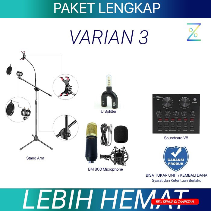 PAKET MIC STREAMING KARAOKE RECORDING, Mic BM 800, Pop Filter, Arm Stand, Holder HP, V8 Soundcard