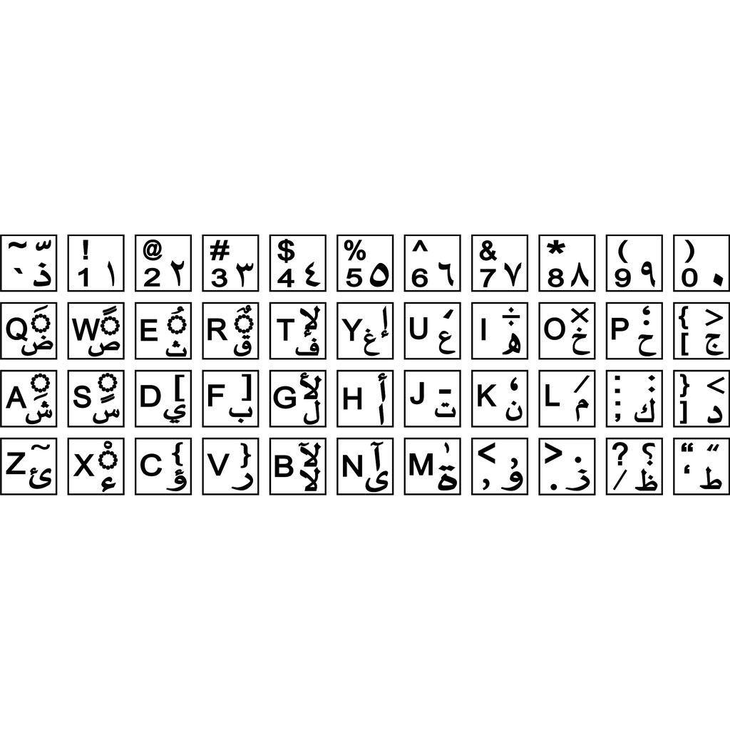 Stiker Keyboard Arab Laptop Background Putih Font Hitam, Biru Dongker, Biru Muda, Hijau Muda, Merah,