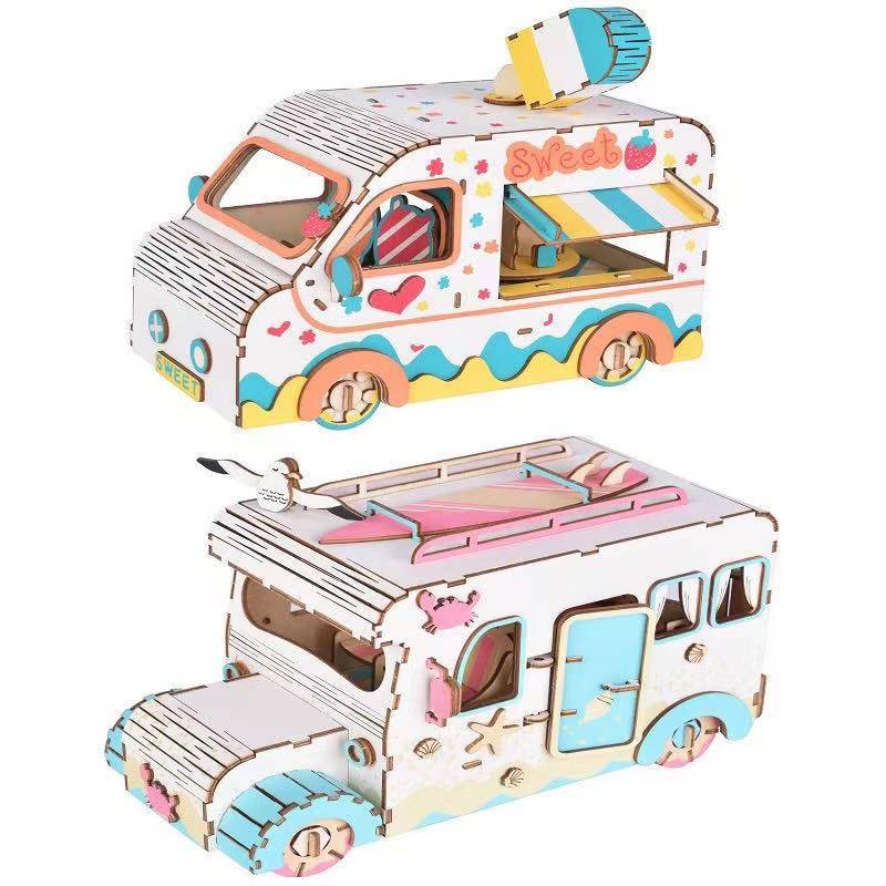 Puzzle 3D DIY bahan kayu ICE CREAM TRUCK,LONG VACATION  mainan puzzle edukasi anak (kado &amp; pajangan)