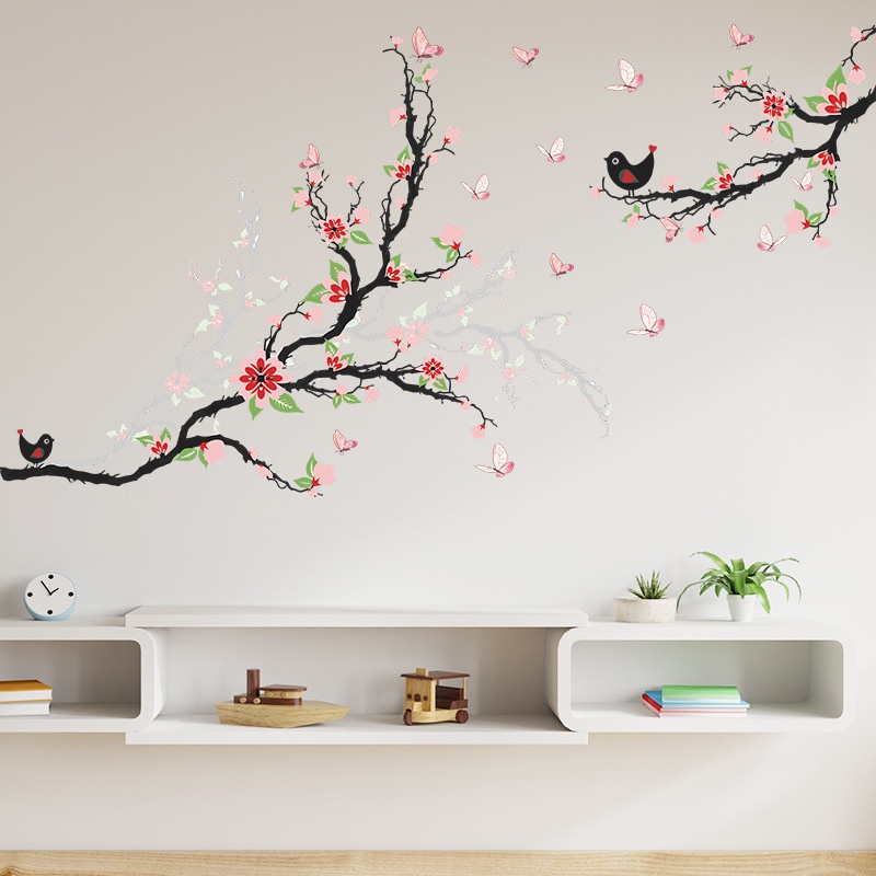 2pcs / set Stiker Dinding Desain Bunga Butterfly Bird Branch Untuk Dekorasi Ruang Tamu / Kamar Tidur