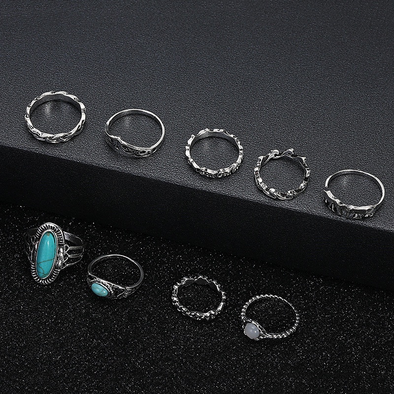 9 Pcs / Set Cincin Turquoise Gaya Bohemia Untuk Wanita