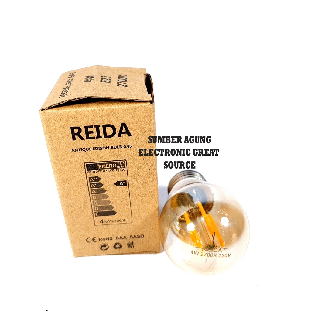 Reida Lampu LED Filamen G45 Karat 4W 2700K E27 Kuning Untuk Kafe Hiasan