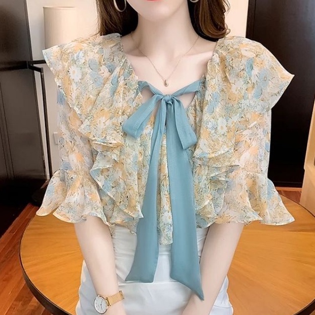 1789 Baju atasan blouse kerja lengan pendek Korean style motif bunga flower cewek import baju atasan