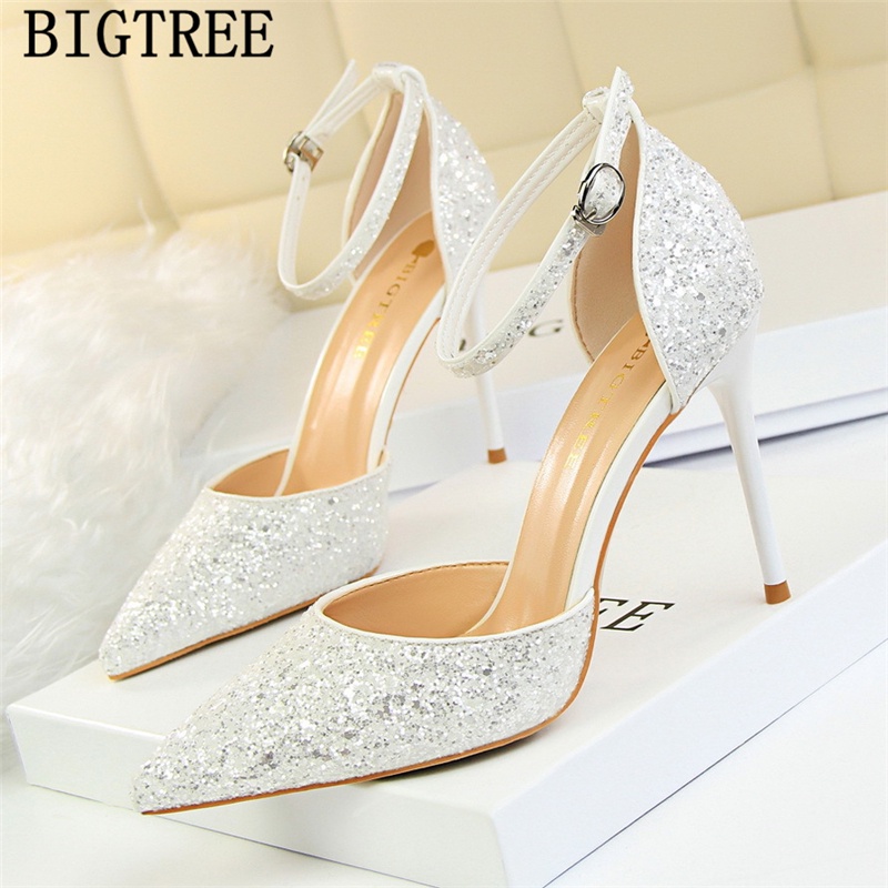 New Arrival 2022 Mary Jane Shoes Glitter Heels Bigtree Shoes Women Pumps Stiletto Wedding Shoes Brid