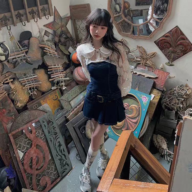 Musim panas baru setengah baya gadis panas desain rasa ceruk menggantung leher gaun denim wanita ram