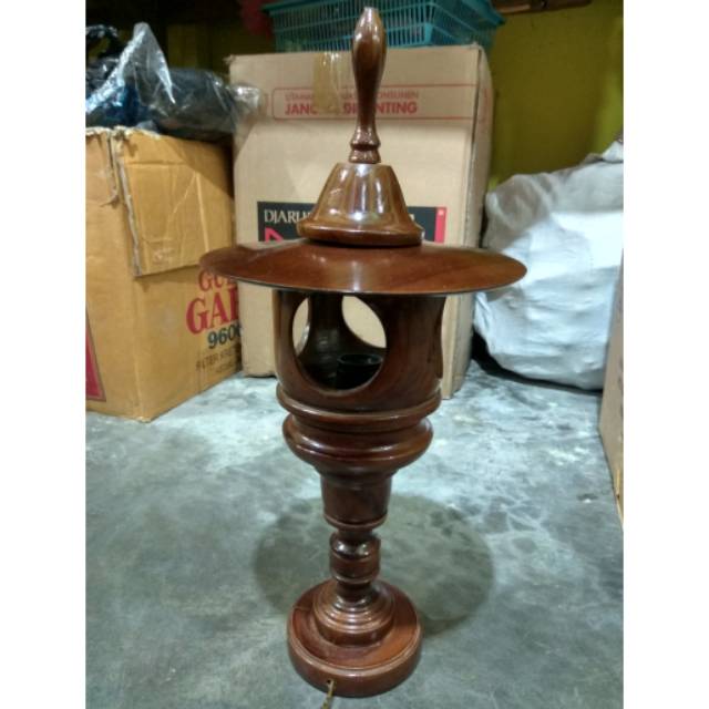 KAP LAMPU MEJA MODEL LUBANG BESAR BAHAN KAYU JATI ASLI UKURAN 40x15 cm - PAJANGAN DEKORASI RUMAH