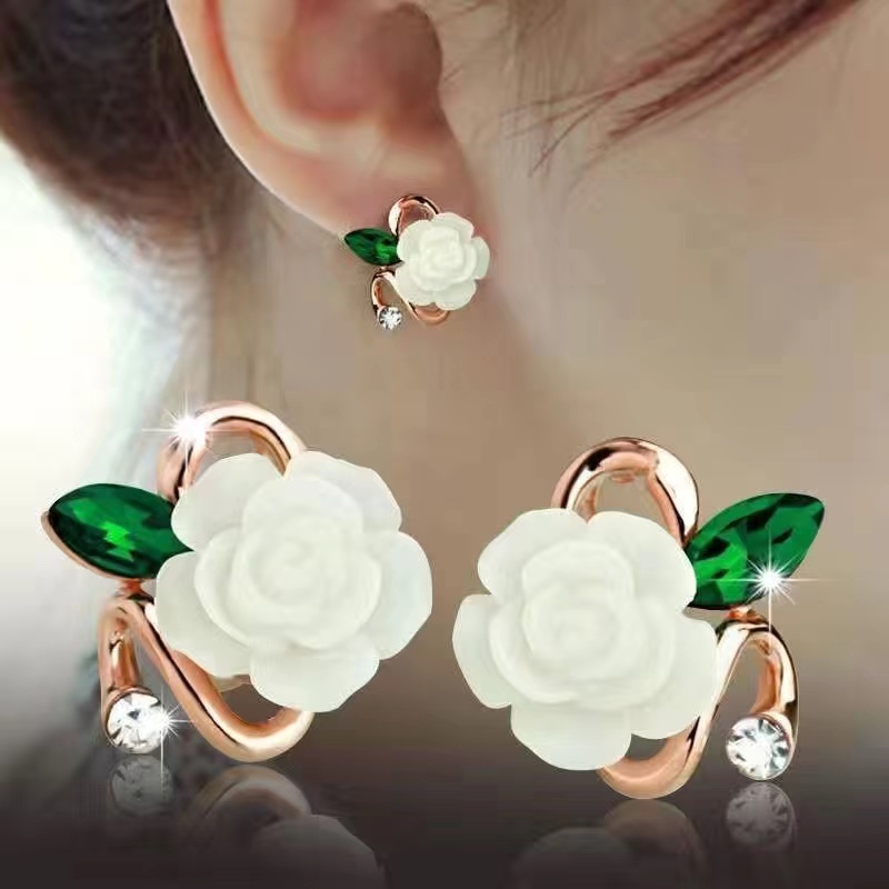 (Hello Girl)E06 Anting Wanita Model Tusuk Motif Bunga Mawar Permata Gaya Korea import