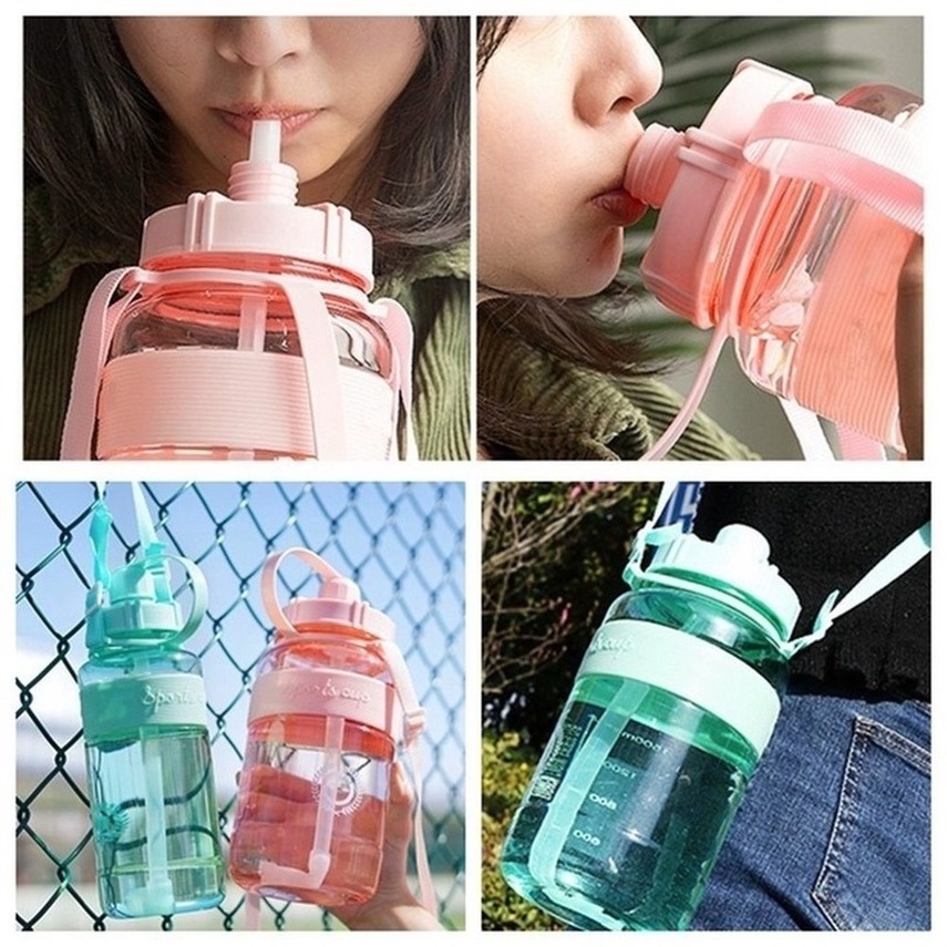 【fREE GIF- Strap + straw】2000ML Botol Air Trendy Kapasitas Besar Botol Sport Olahraga Besar Murah botol minum water bottle