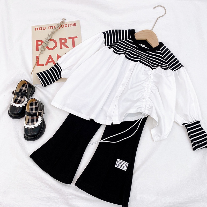 babyfit [3-8th]AIYU setelan blus bergaris hitam putih dengan celana panjang baju anak perempuan import al-0522r