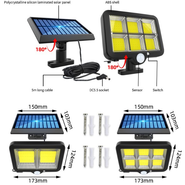 120COB/128COB/160COB lampu tenaga surya Lampu Taman Dinding COB Tenaga Surya / Solar Panel Remote Control