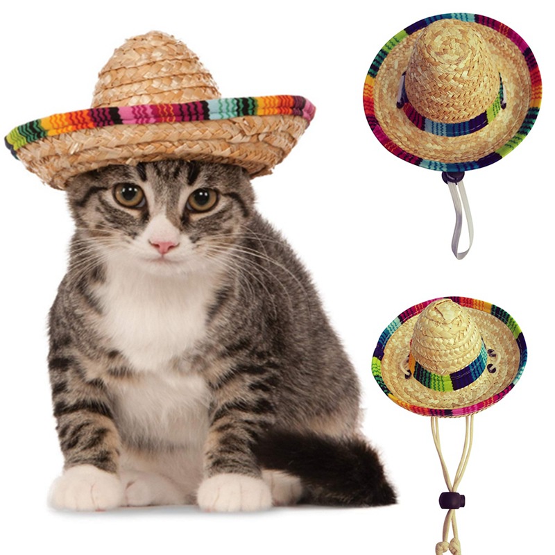 Topi Sombrero Mini Adjustable Bahan Jerami Untuk Anjing / Kucing