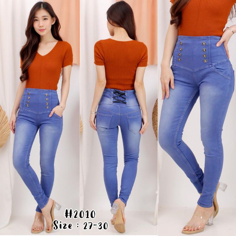 CELANA HW HIGHT WAIST JEANS WANITA KANCING DEPAN TALI SILANG BELAKANG