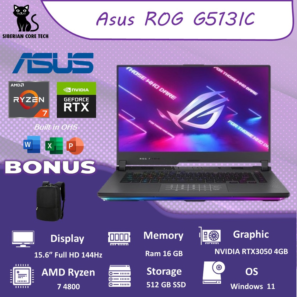 ASUS ROG G513IC R735B7GO11 RYZEN 7 4800H 16GB 512SSD RTX3050 4GB W11+OHS 15.6FHD 144HZ RGB 2YR GRY