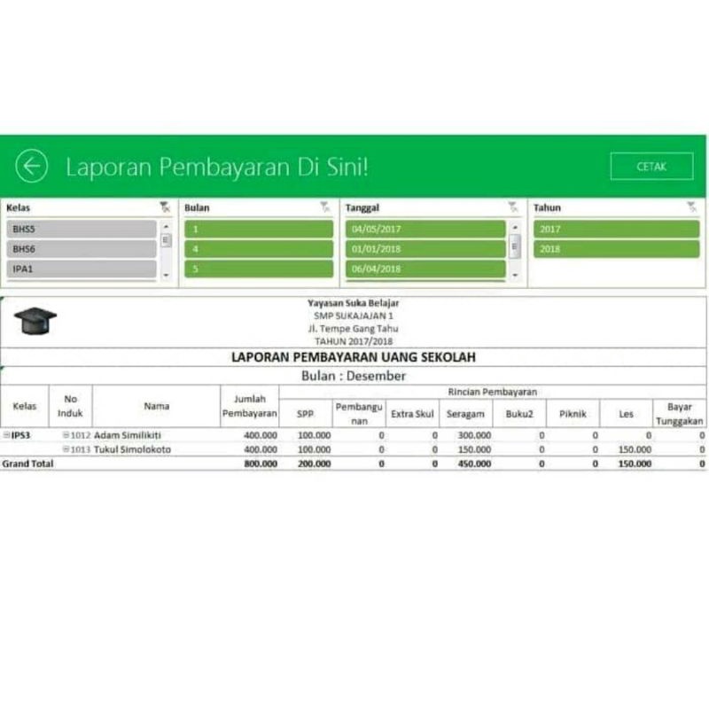 Software Excel Program Keuangan Pembayaran SPP