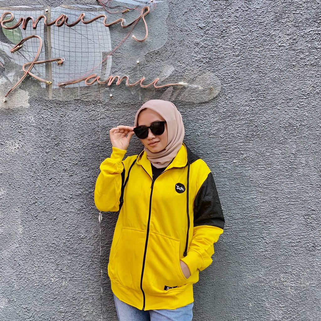 Jaket Sweater Zipper Bordir Kombinasi Qwilting YELLOW S C H