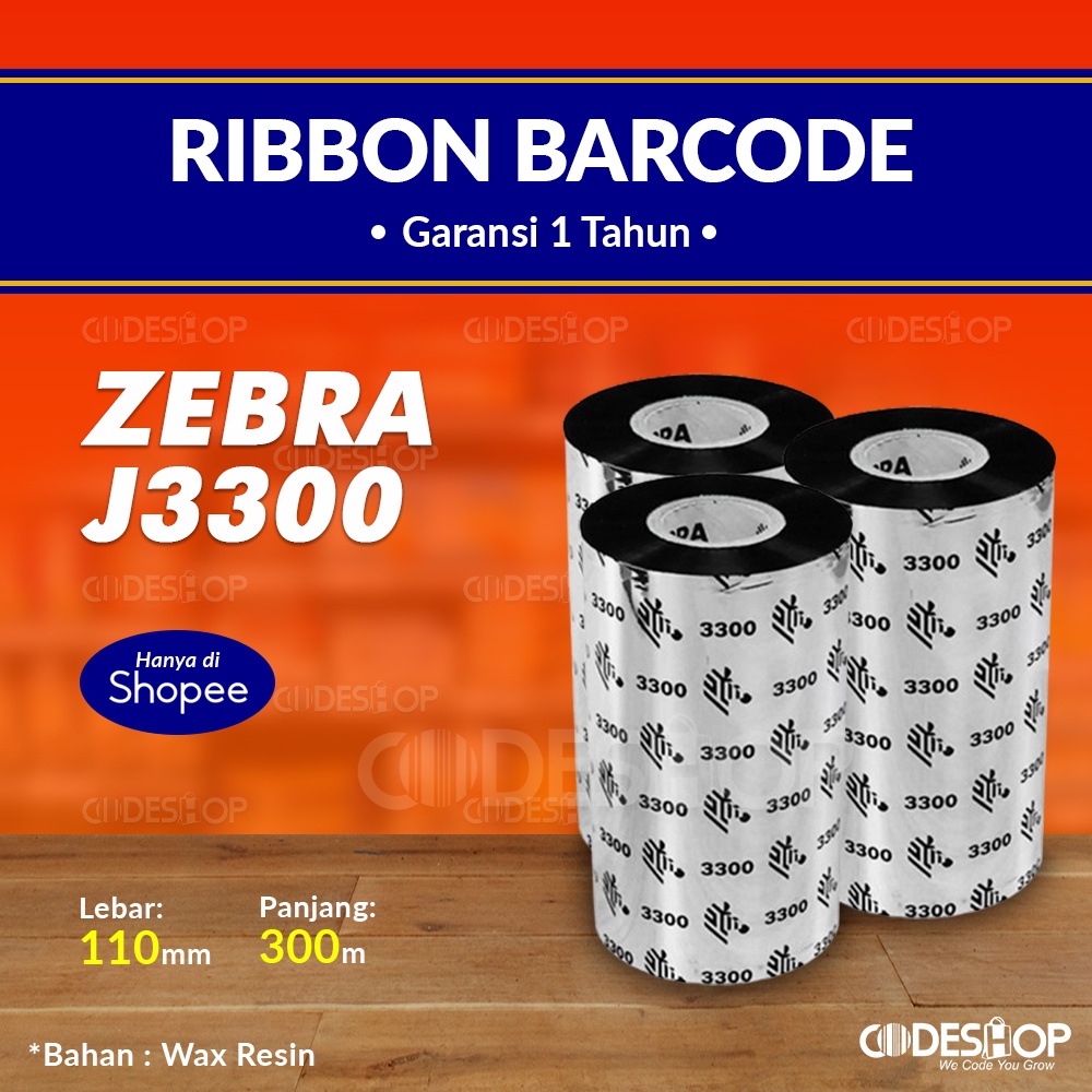 Ribbon Barcode Zebra J3300 Original Wax Resin 110 mm x 300 M