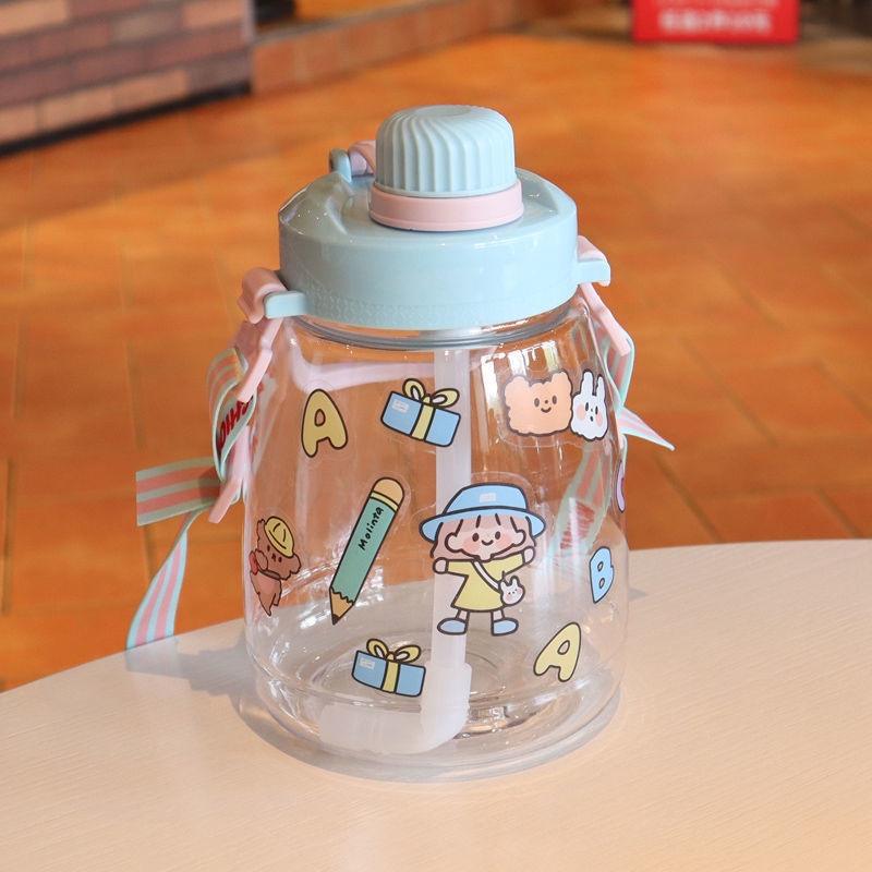 Botol Minum Gemoy Bening Premium Bahan Tebal + Tali dan sedotan 1100ML BPA FREE 0896