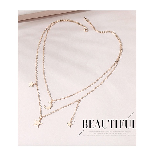 LRC Kalung Fashion Golden Moon Star Double Necklace Y65603