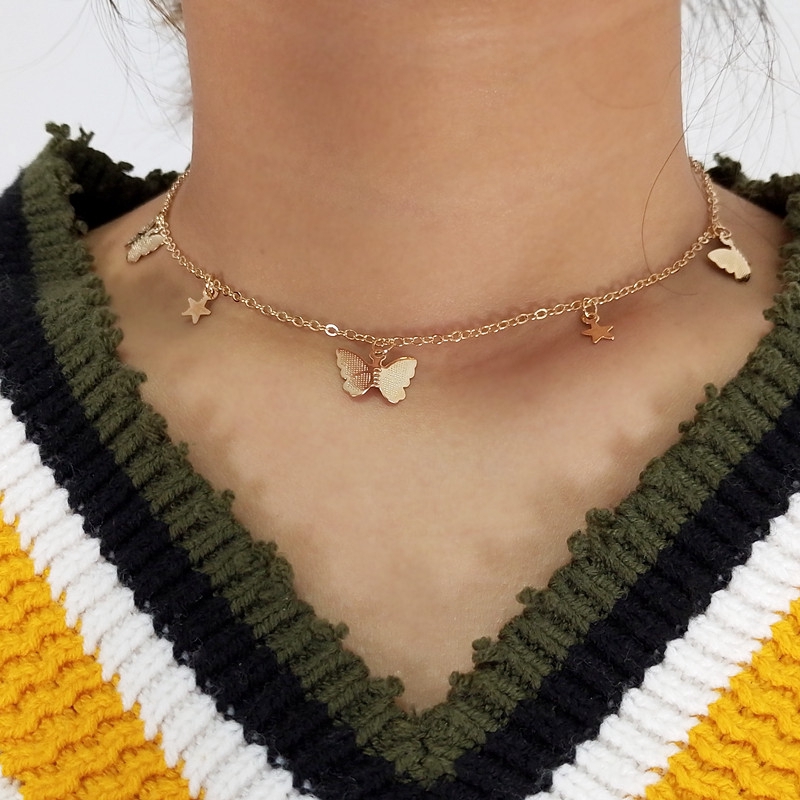 Kalung Rantai Choker Hias Liontin Kupu-Kupu Bintang Bahan Logam Warna Emas Perak Gaya Bohemian Untuk Wanita