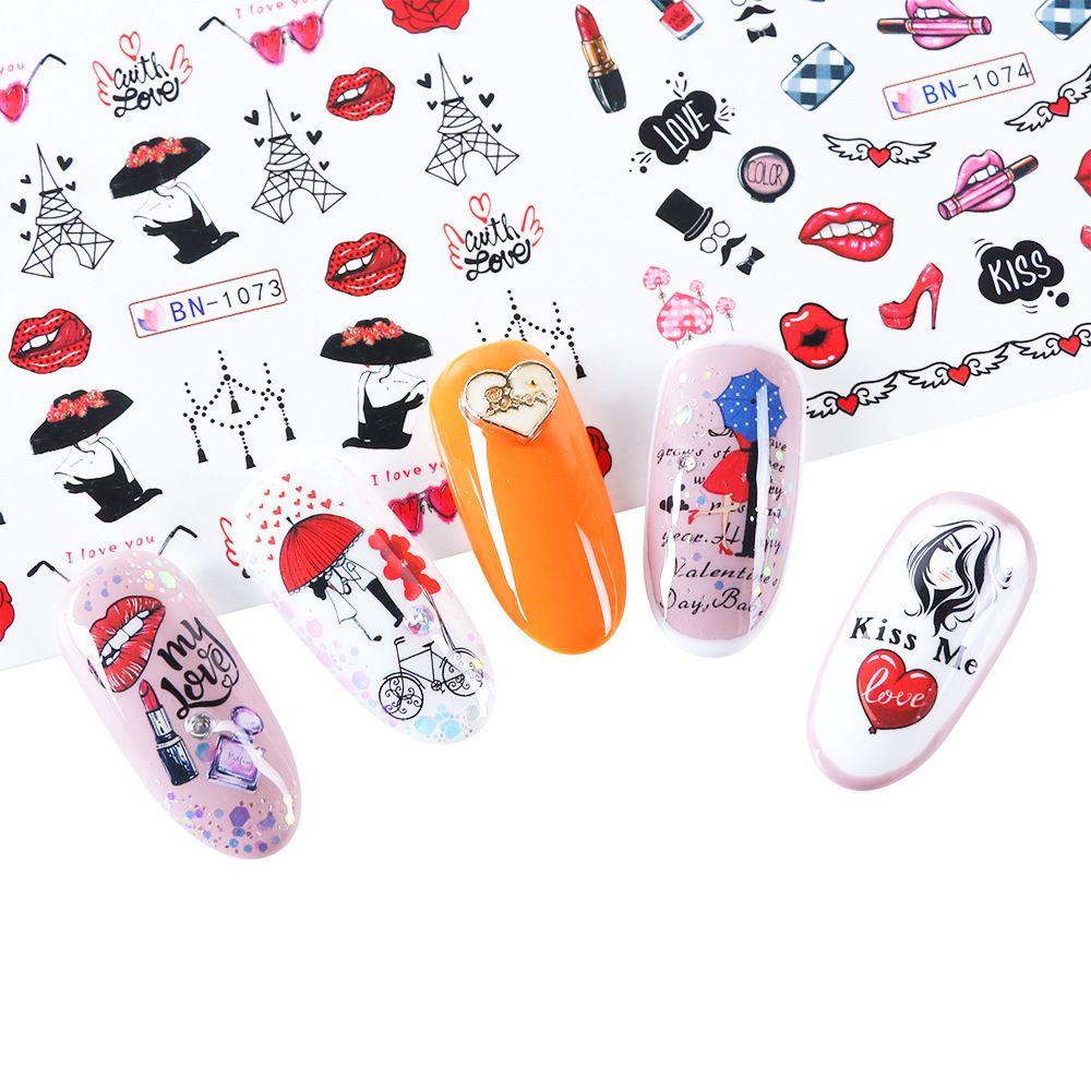 Solighter 12desain/lembar Stiker Kuku Nail Art Dekorasi Cinta Hati Sexy DIY Manicure