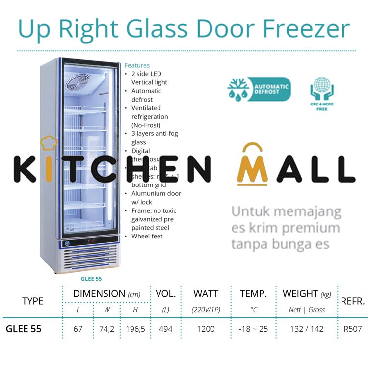 GEA GLEE 55 up right glass door freezer - showcase ice cream tanpa bunga es - kulkas minuman - freez