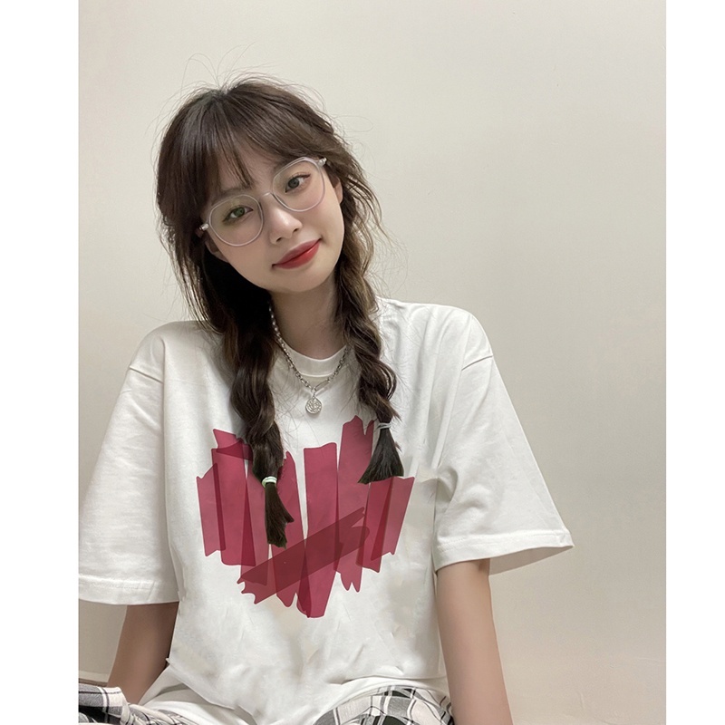 lengan pendek t-shirt wanita oversize love printed putih kaos korean style baju wanita atasan