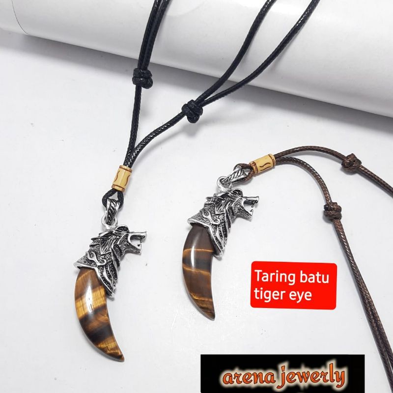 Kalung Tali Bandul Batu Tiger Eye Kepala Srigala Kalung Batu Alam Kalung Pria Wanita