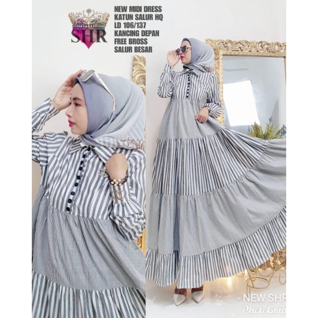 ready Maxi dress SHR ORI bhn katun salur no pasmina full kancing free bross