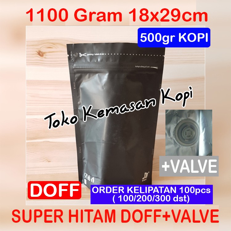 

Kemasan kopi 500gr / standing pouch super hitam DOFF 1100+zipper+valve(18x29cm)