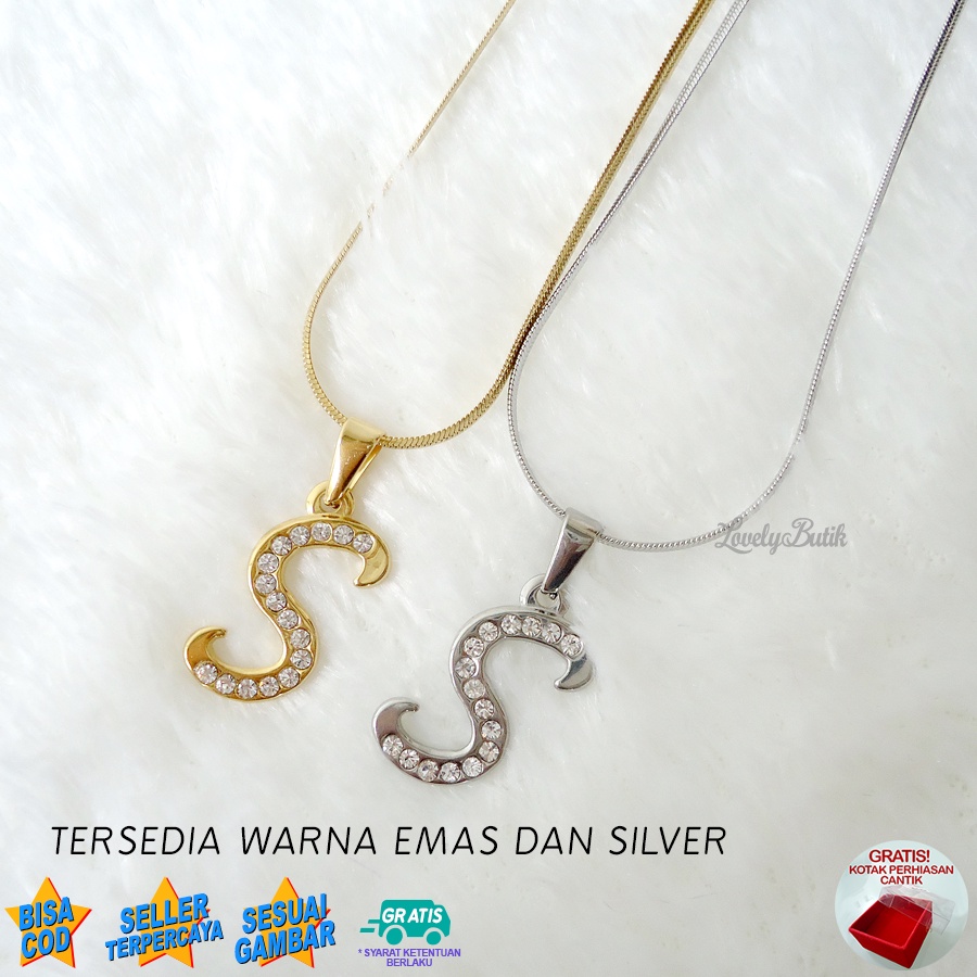 Lovelybutik Honey Kalung Huruf Titanium Anti Karat Inisial S Uk 45 cm BONUS KOTAK PERHIASAN