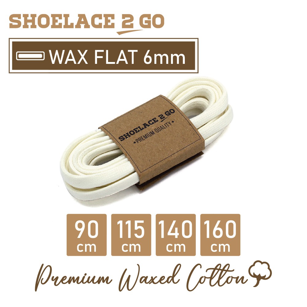 SHOELACE 2 GO PREMIUM TALI SEPATU LILIN WAX GEPENG PIPIH FLAT - WF6 - A1 - WHITE - 6MM - 90CM 100CM 115CM 130CM 140CM 160CM 180CM 200CM