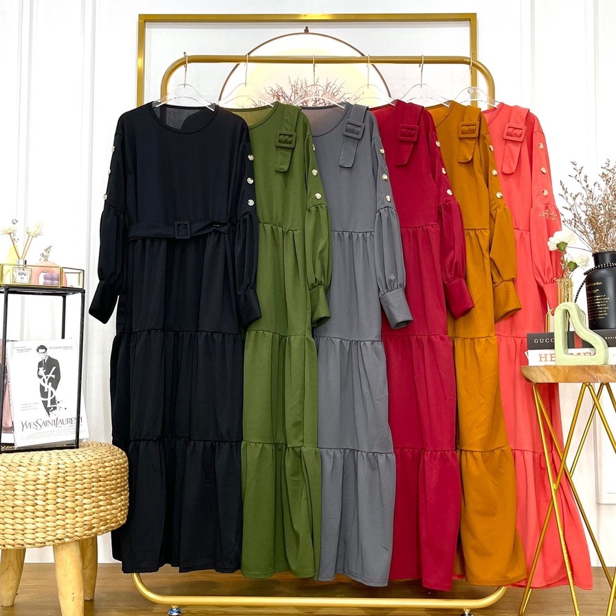 Gamis model rample lengan balon kancing sabuk motif polos bahan voxy merk cocobee (811)