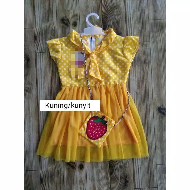 Dress anak cewek 1 2 tahun baju anak perempuan bonus tas kecil ( dress polka TAS )