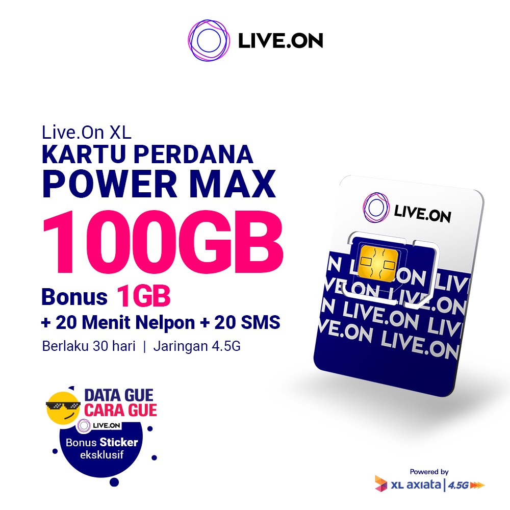 Live.On Kartu Perdana Power Max 100GB + 1GB (30 hari) 4.5G + 20 Menit Nelpon + 20 SMS + Sticker E