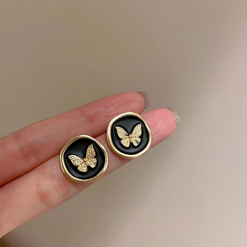 NEEDWAY Stud Earrings Hadiah Liburan Logam Manis Kupu-Kupu Retro Frosted Alloy Women Earrings