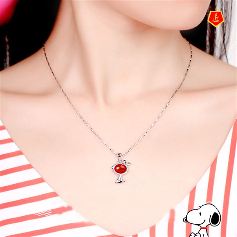 [Ready Stock]925 Silver Red Agate Necklace for Women Chinese Zodiac Dog Auspicious Cute