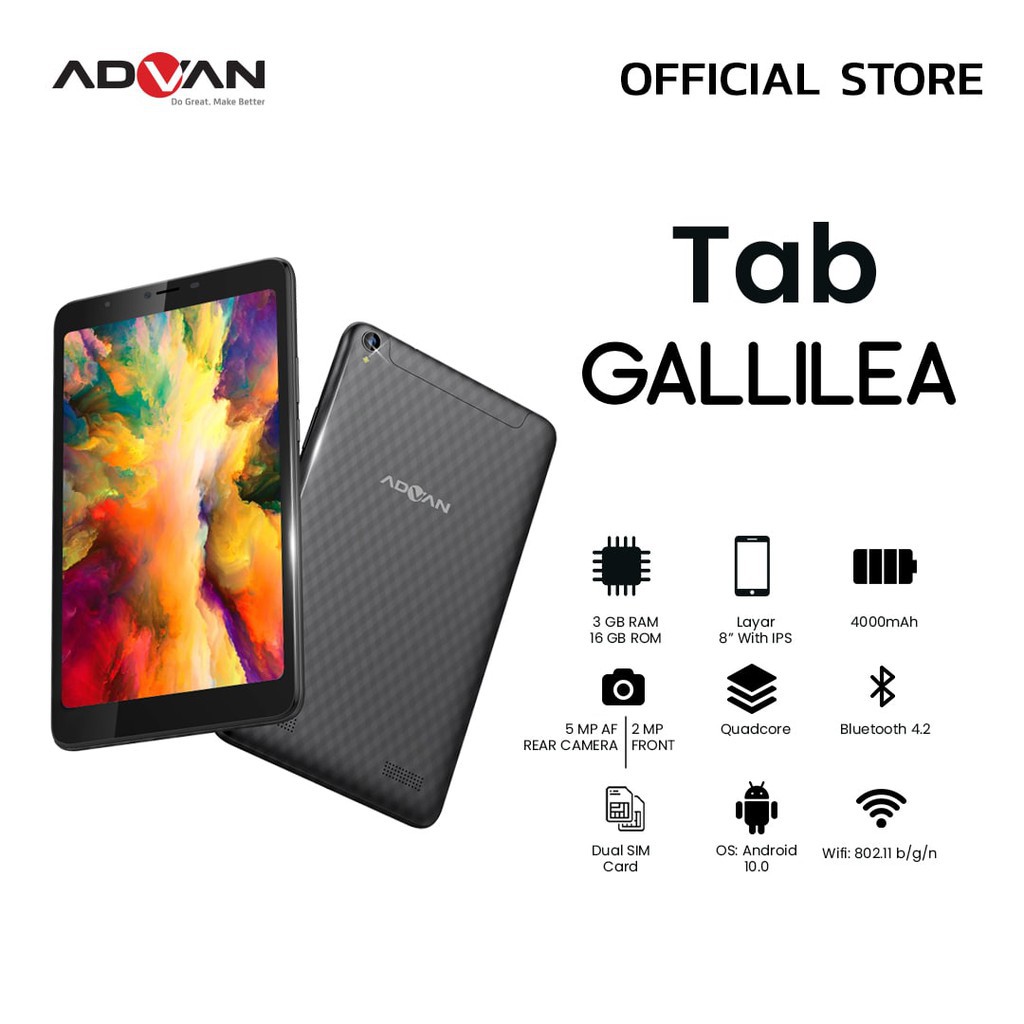 Advan Tab Gallilea 8 Inci 3 GB 16 GB Quadcore Tablet Android 10 Garansi Resmi