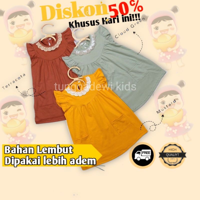 Baju Anak Perempuan Usia 1-5 Tahun Kain Katun adem Lengan Ruffle Renda Dress Polos Saku Lucu Bayi Mu