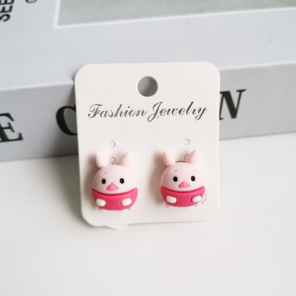 Anting Klip Tanpa Tindik Desain Kartun Beruang / Kelinci / Babi Warna Pink Untuk Anak Perempuan