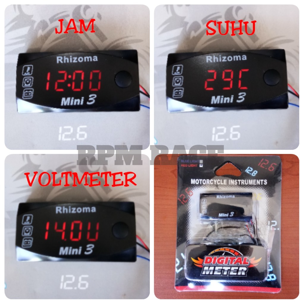 Voltmeter Rizhoma Mini  3 in 1 Aki Jam Digital Temperatur Suhu Merah